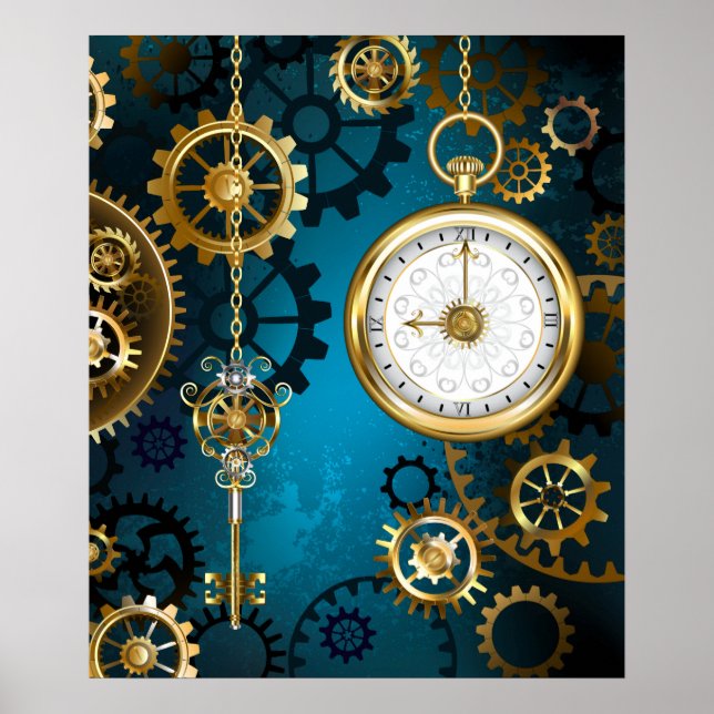 Steampunk turquoise Background with Gears Poster (Front)