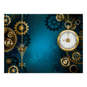Steampunk turquoise Background with Gears Poster