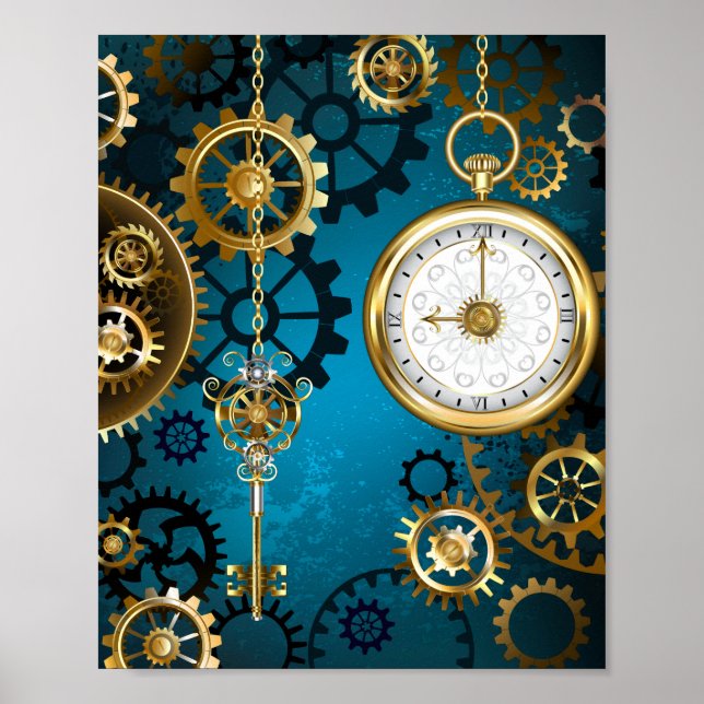 Steampunk turquoise Background with Gears Poster (Front)