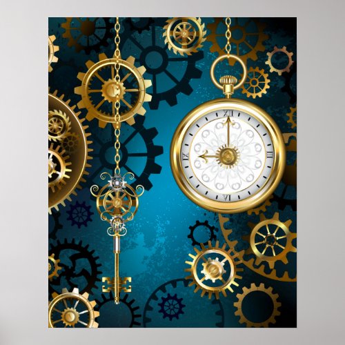 Steampunk turquoise Background with Gears Poster