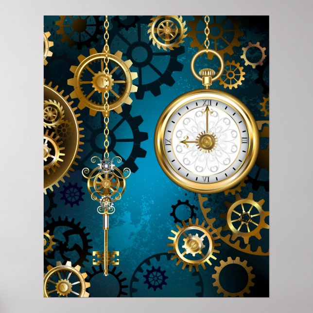 Steampunk turquoise Background with Gears Poster (Front)