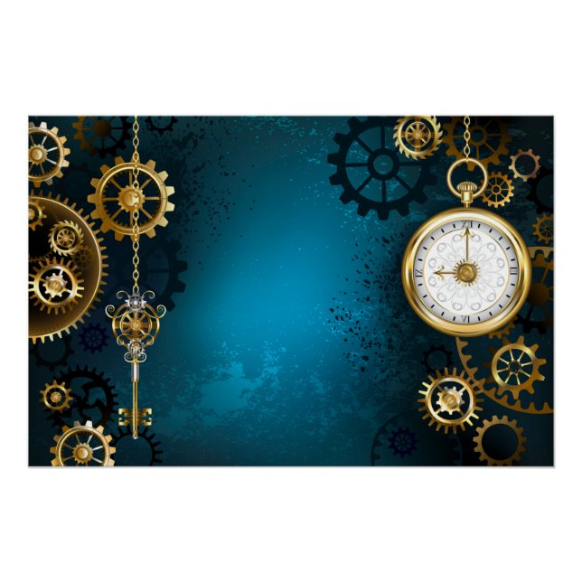 Steampunk turquoise Background with Gears Poster (Front)