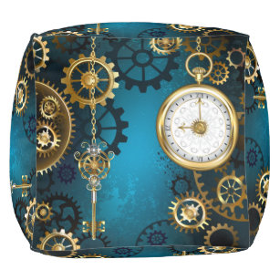Steampunk turquoise Background with Gears Pouf