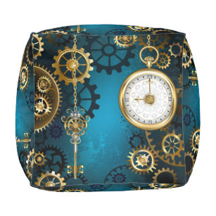 Steampunk turquoise Background with Gears Pouf