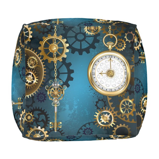 Steampunk turquoise Background with Gears Pouf (Bottom)