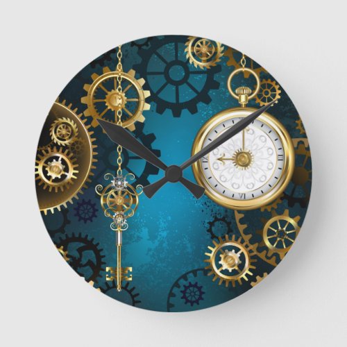 Steampunk turquoise Background with Gears Round Clock