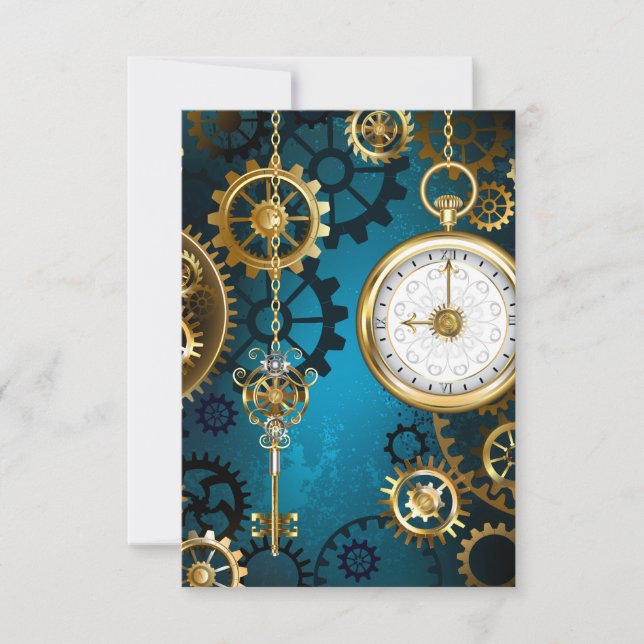 Steampunk turquoise Background with Gears RSVP Card (Front)