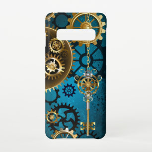 Steampunk turquoise Background with Gears Samsung Galaxy S10 Case