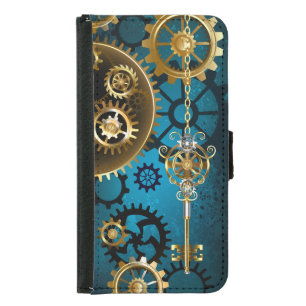 Steampunk turquoise Background with Gears Samsung Galaxy S5 Wallet Case