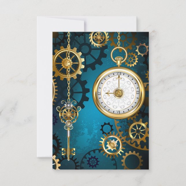 Steampunk turquoise Background with Gears Save The Date (Front)
