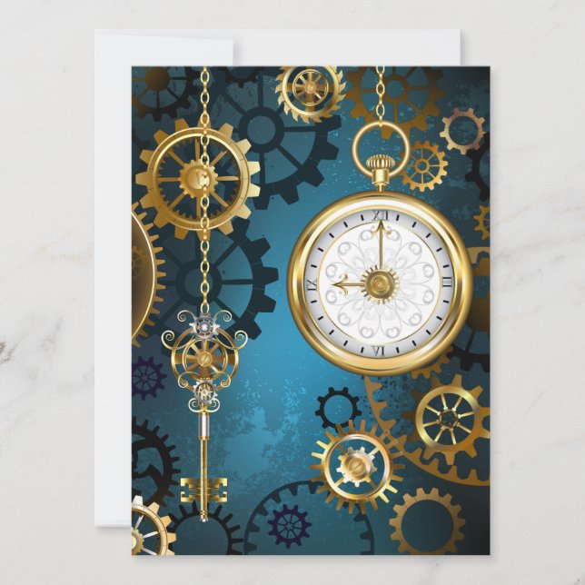 Steampunk turquoise Background with Gears Save The Date (Front)
