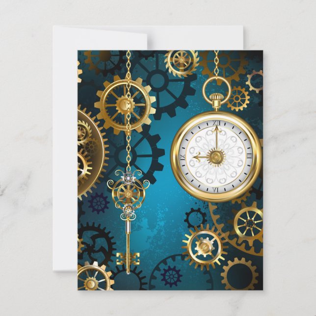 Steampunk turquoise Background with Gears Save The Date (Front)