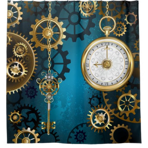 Steampunk turquoise Background with Gears Shower Curtain
