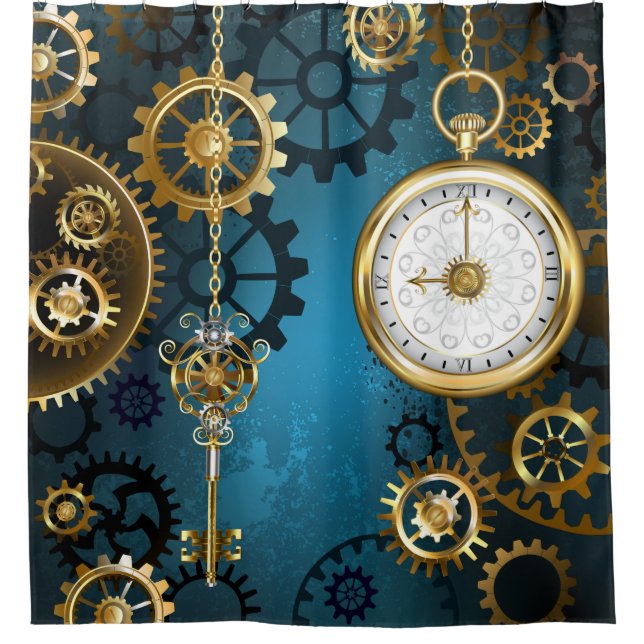Steampunk turquoise Background with Gears Shower Curtain (Front)