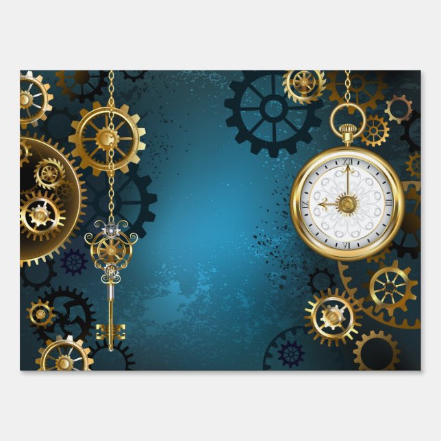 Steampunk turquoise Background with Gears Sign (Front)
