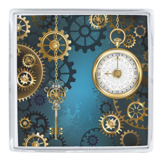 Steampunk turquoise Background with Gears Silver Finish Lapel Pin (Front)