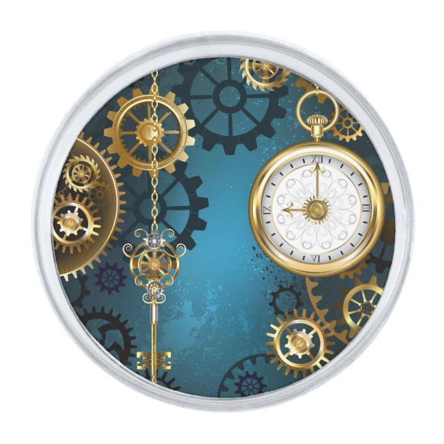 Steampunk turquoise Background with Gears Silver Finish Lapel Pin (Front)