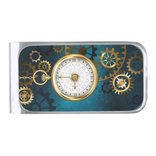 Steampunk turquoise Background with Gears Silver Finish Money Clip