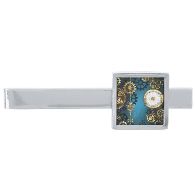 Steampunk turquoise Background with Gears Silver Finish Tie Bar (Front)