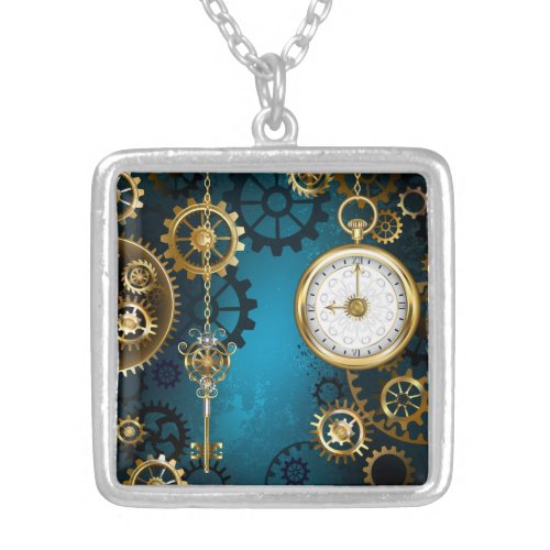 Steampunk turquoise Background with Gears Silver Plated Necklace
