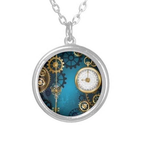 Steampunk turquoise Background with Gears Silver Plated Necklace