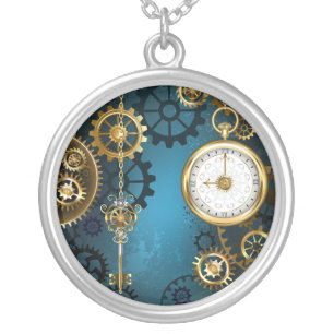 Steampunk turquoise Background with Gears Silver Plated Necklace