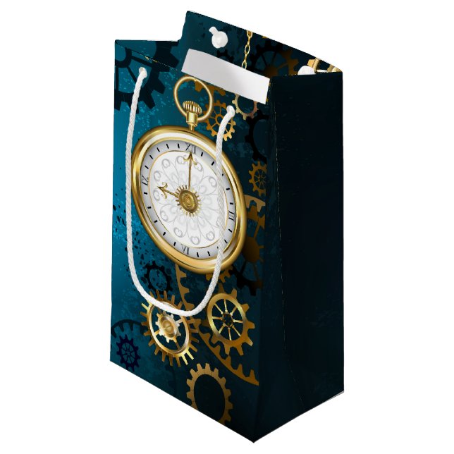 Steampunk turquoise Background with Gears Small Gift Bag (Front Angled)