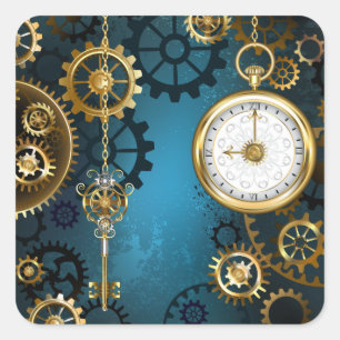Steampunk turquoise Background with Gears Square Sticker
