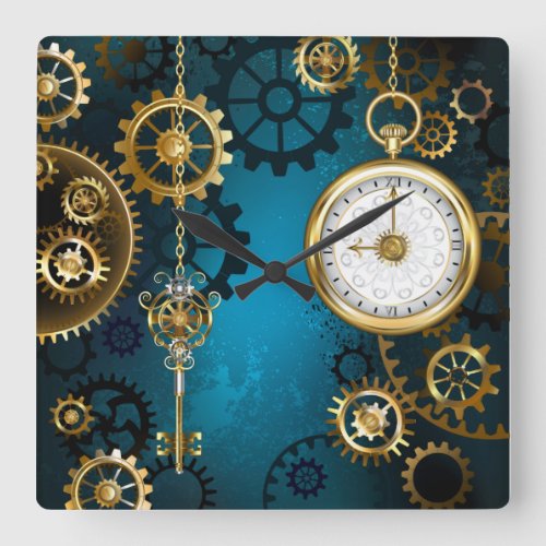 Steampunk turquoise Background with Gears Square Wall Clock