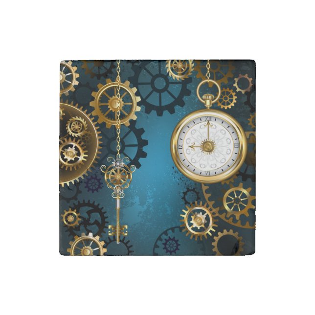 Steampunk turquoise Background with Gears Stone Magnet (Front)