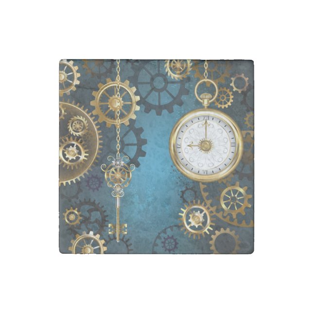 Steampunk turquoise Background with Gears Stone Magnet (Front)