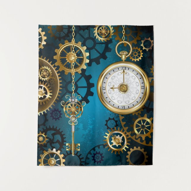 Steampunk turquoise Background with Gears Tapestry (Front)