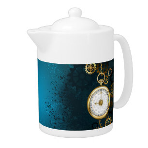 Steampunk turquoise Background with Gears Teapot