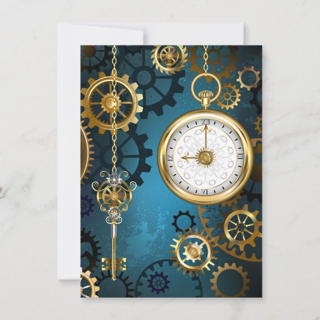 Steampunk turquoise Background with Gears Thank You Card (Front)