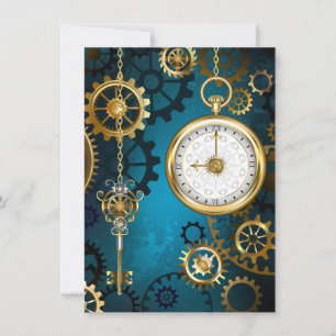 Steampunk turquoise Background with Gears Thank You Card