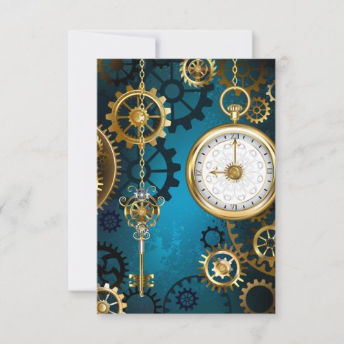 Steampunk turquoise Background with Gears Thank You Card