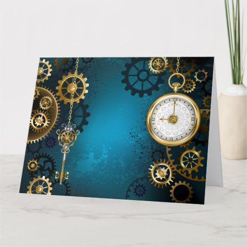 Steampunk turquoise Background with Gears Thank You Card