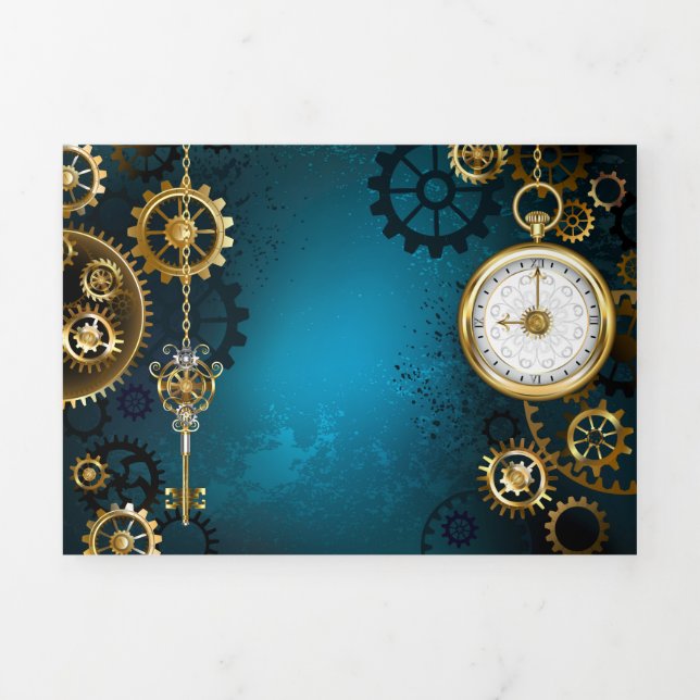 Steampunk turquoise Background with Gears Tri-Fold Card (Cover)