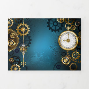 Steampunk turquoise Background with Gears Tri-Fold Holiday Card