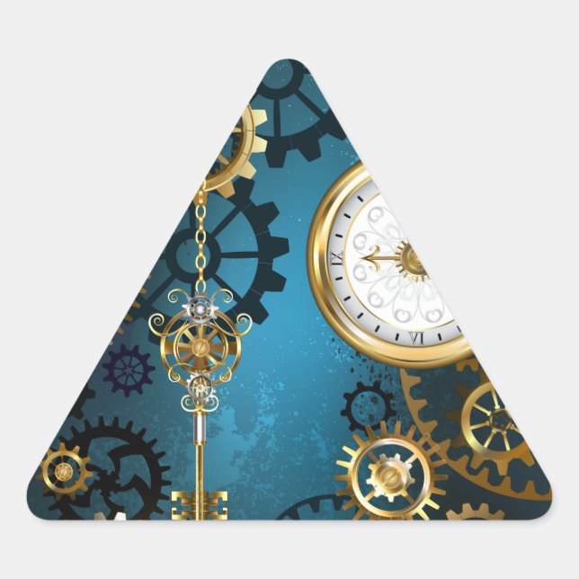 Steampunk turquoise Background with Gears Triangle Sticker (Front)
