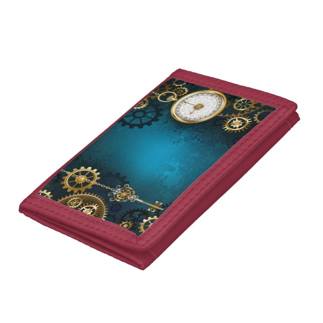 Steampunk turquoise Background with Gears Trifold Wallet (Bottom)