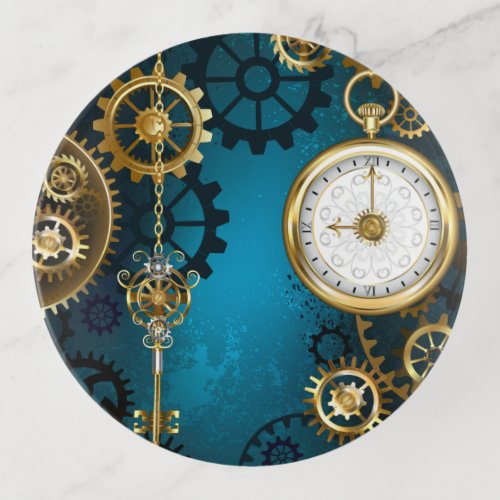 Steampunk turquoise Background with Gears Trinket Tray