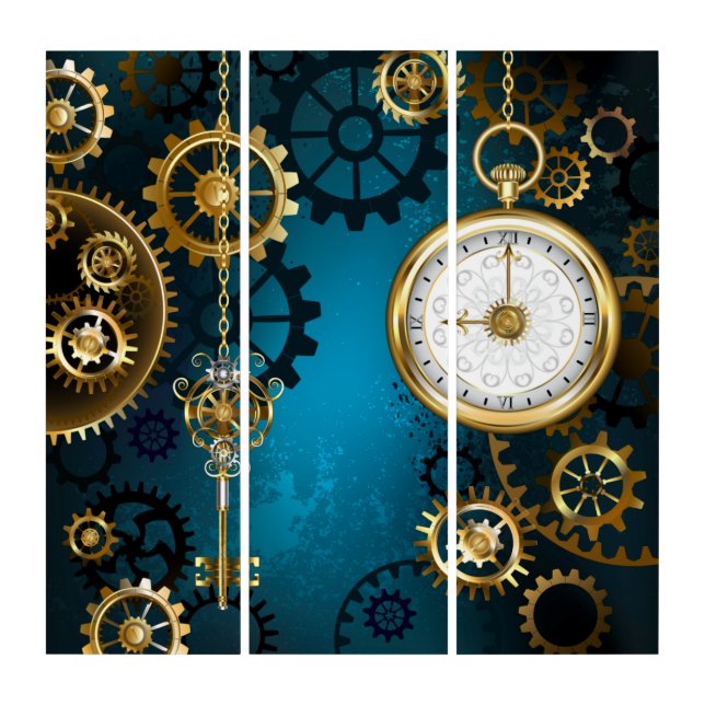 Steampunk turquoise Background with Gears Triptych (Front)