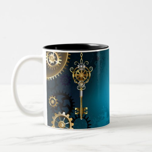 Steampunk turquoise Background with Gears Two_Tone Coffee Mug