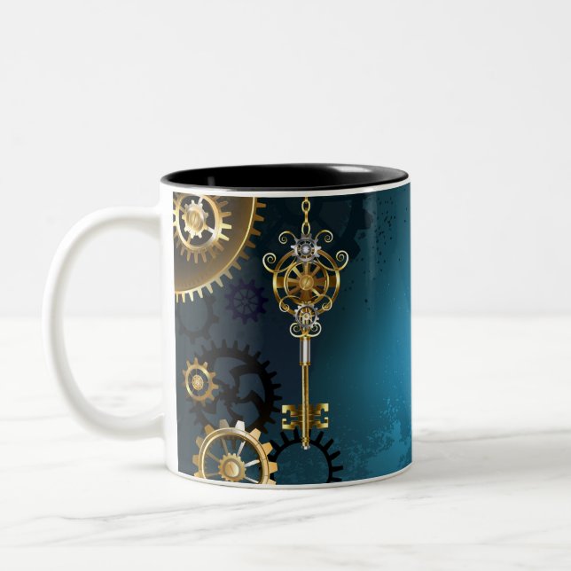 Steampunk turquoise Background with Gears Two-Tone Coffee Mug (Left)