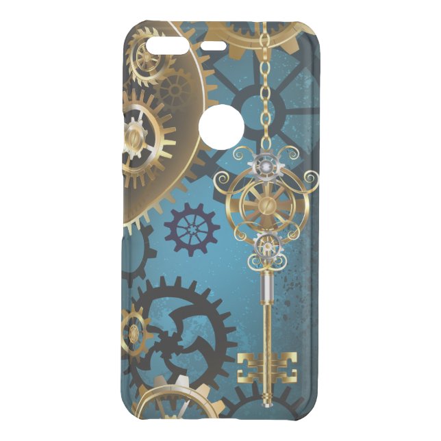 Steampunk turquoise Background with Gears Uncommon Google Pixel Case (Back)