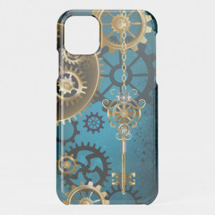 Steampunk turquoise Background with Gears iPhone 11 Case