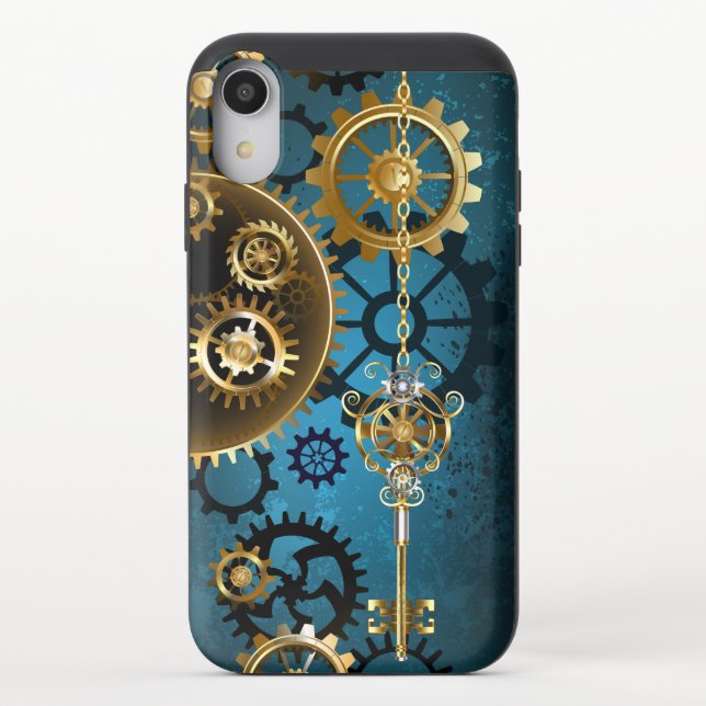 Steampunk turquoise Background with Gears Uncommon iPhone Case (Back)