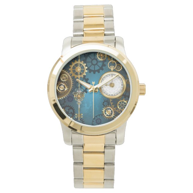 Steampunk turquoise Background with Gears Watch (Front)