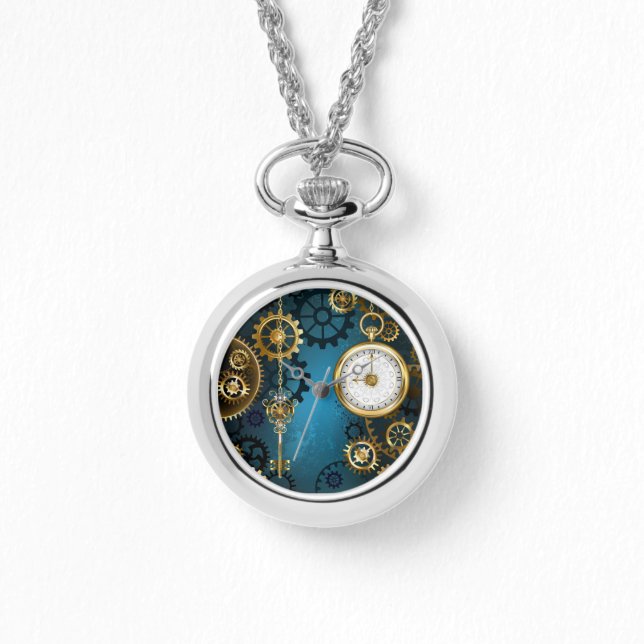 Steampunk turquoise Background with Gears Watch (Front)